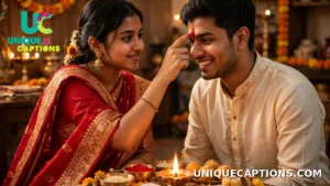 A sister applying tilak to her brother's forehead beside a thali with a glowing diya, roli and sweets — the classic moment Bhai Dooj captions are made for