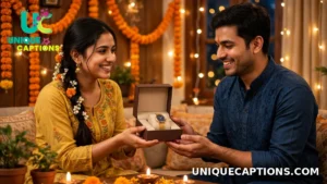 Smiling sister gifting her brother a boxed watch at home during Bhai Dooj
