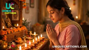 Sister with folded hands praying before a row of lit diyas for her brother's wellbeing