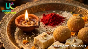 Close-up of a Bhai Dooj tilak thali with a lit diya, roli, rice grains and sweets