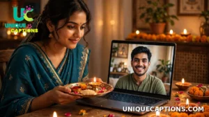 Sister performing a video-call tilak ceremony, holding a thali before a screen showing her brother