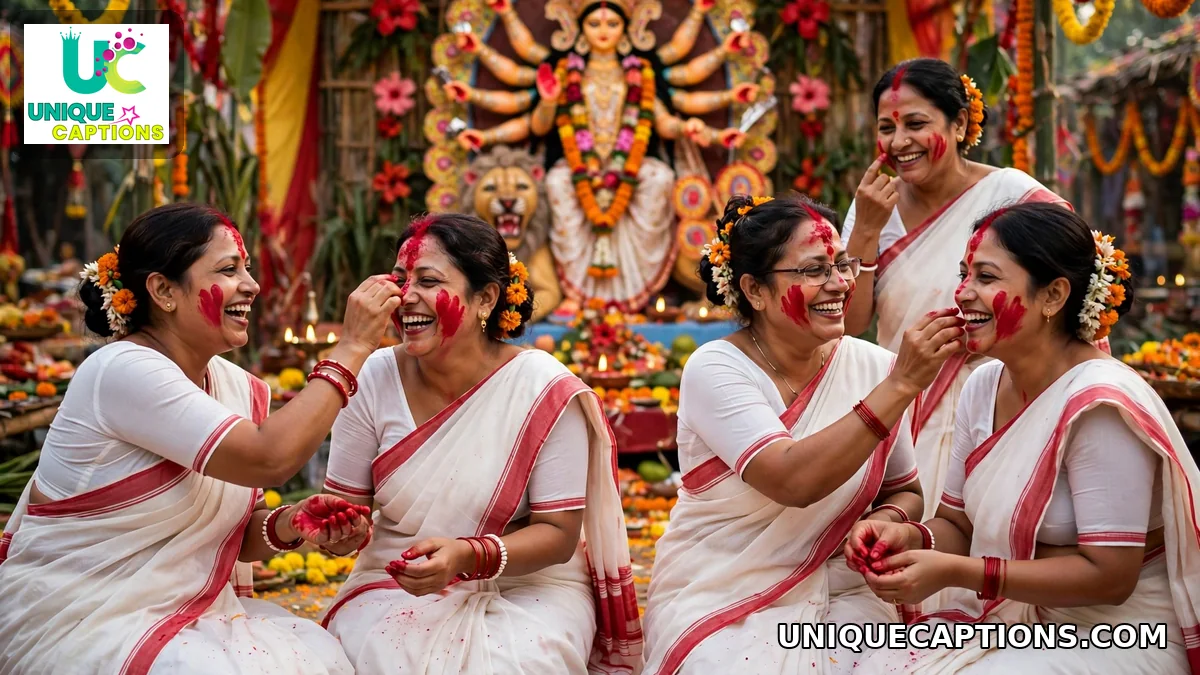 Bengali women in white-red sarees celebrating Sindoor Khela on Bijoya Dashami