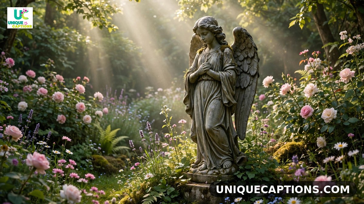 Birthday prayer for sister with angel statue in blooming garden light