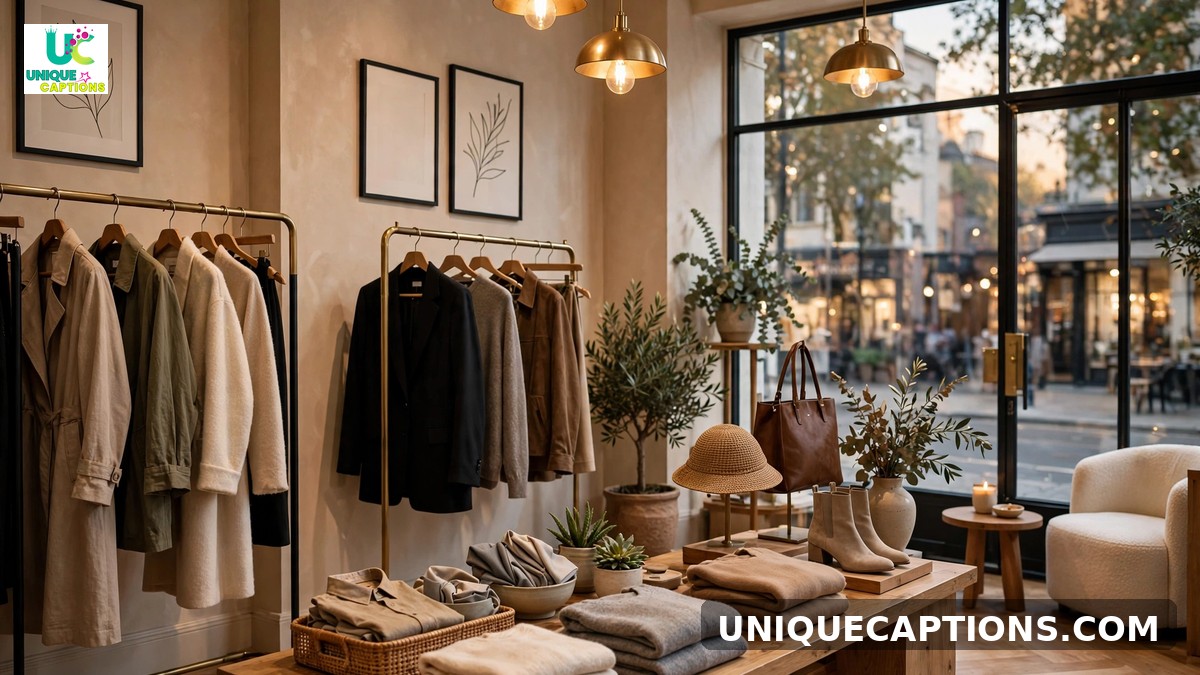 Boutique fashion captions - chic clothing boutique interior with elegant garment racks