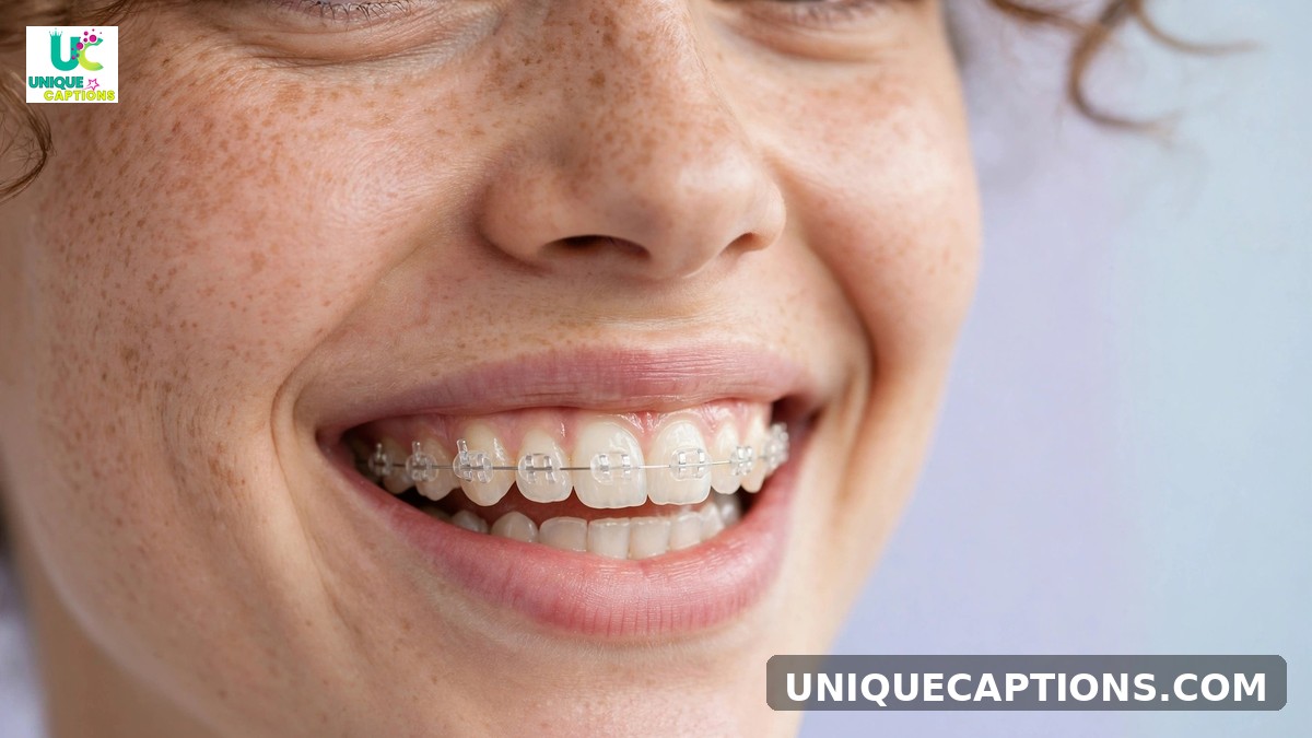 Braces and orthodontist captions - confident smile with clear dental braces on pastel background