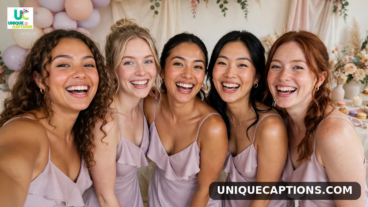 Bridesmaid bridal shower captions - bridesmaids posing together at a bridal shower celebration