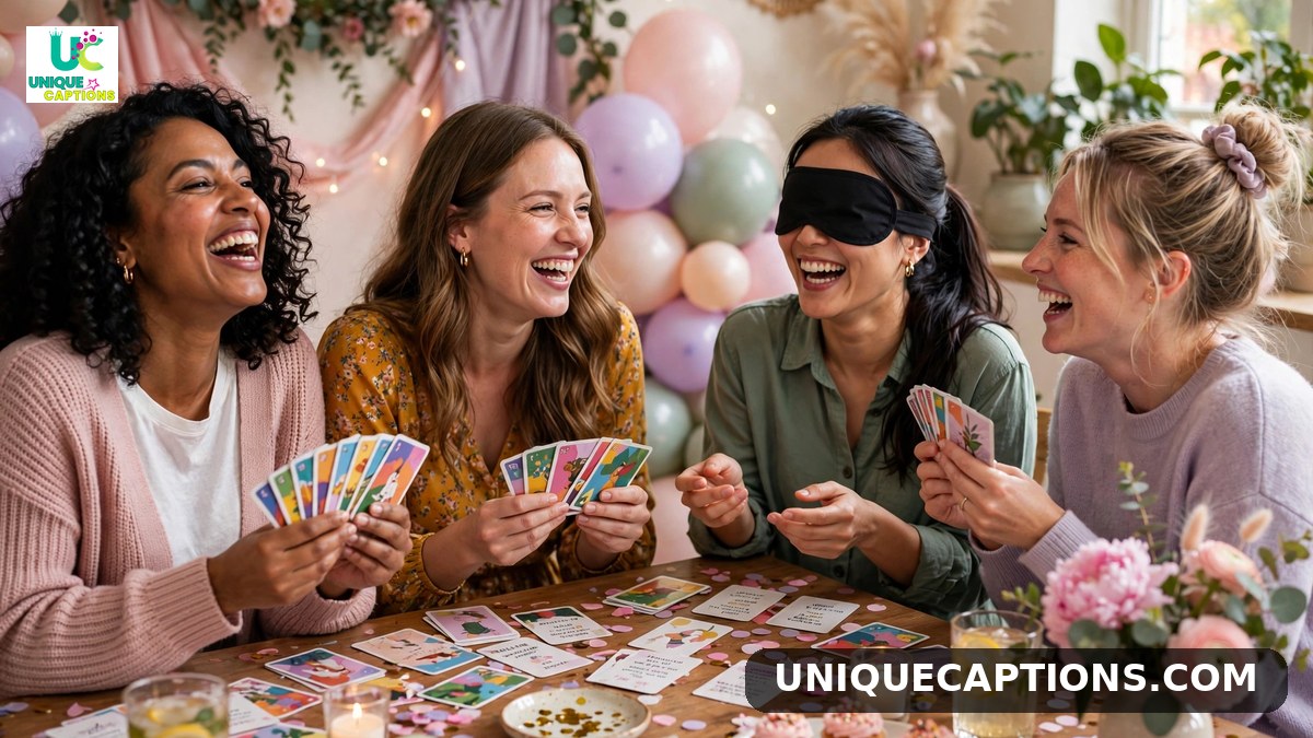 Bridal shower games captions - friends playing fun games at a bridal shower