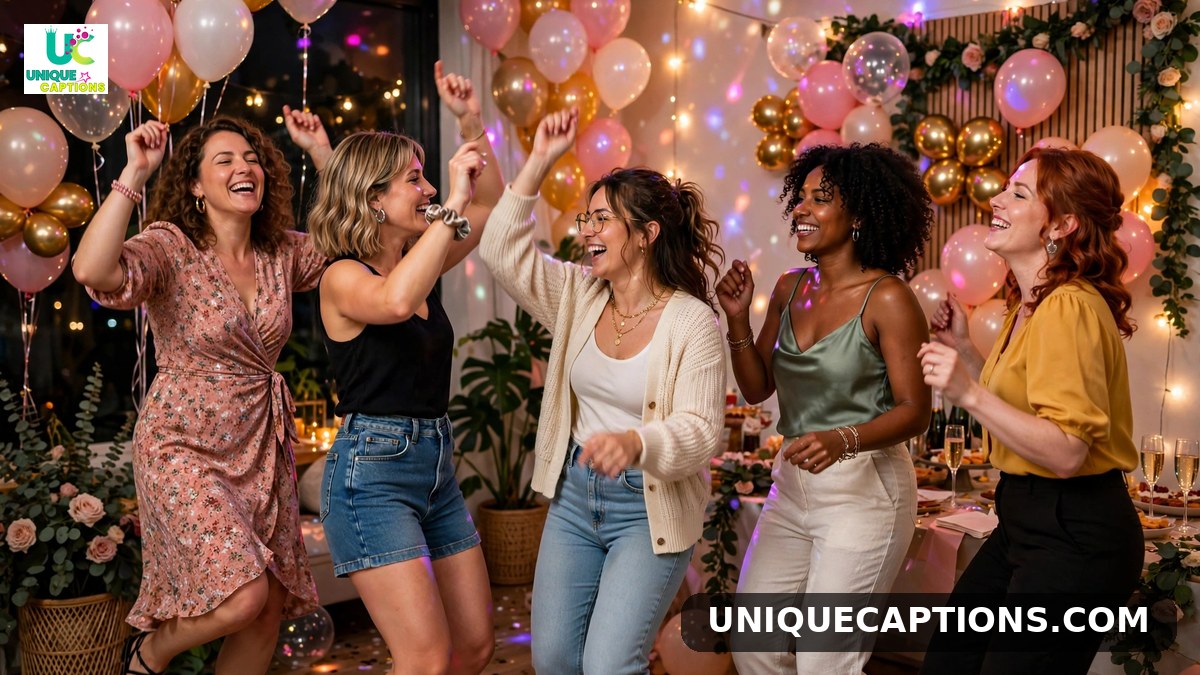 Bridal shower party captions - lively bridal shower party with friends dancing
