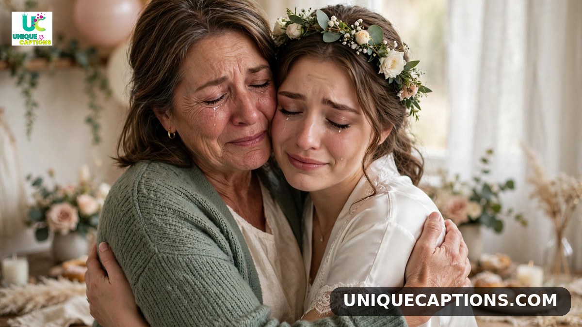 Sentimental bridal shower captions - emotional hug between bride and friend at bridal shower