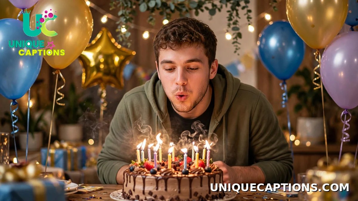 Birthday pic comments for brother - young man blowing out candles on birthday cake