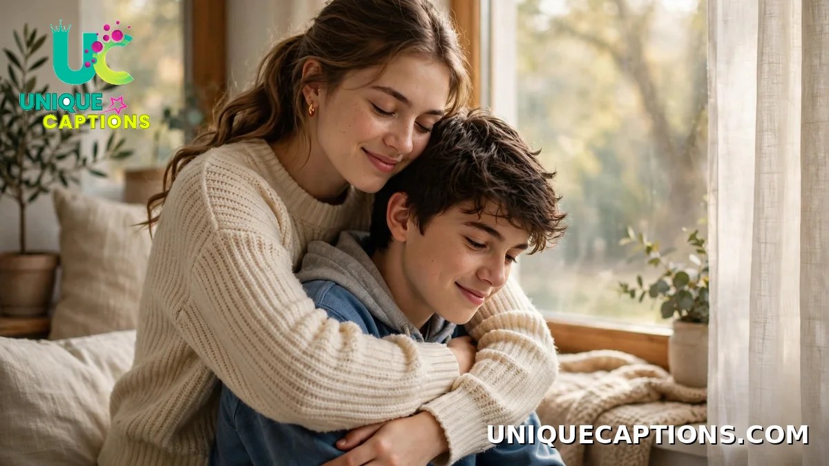 Loving comments for brother's pic - sister hugging her brother in soft window light