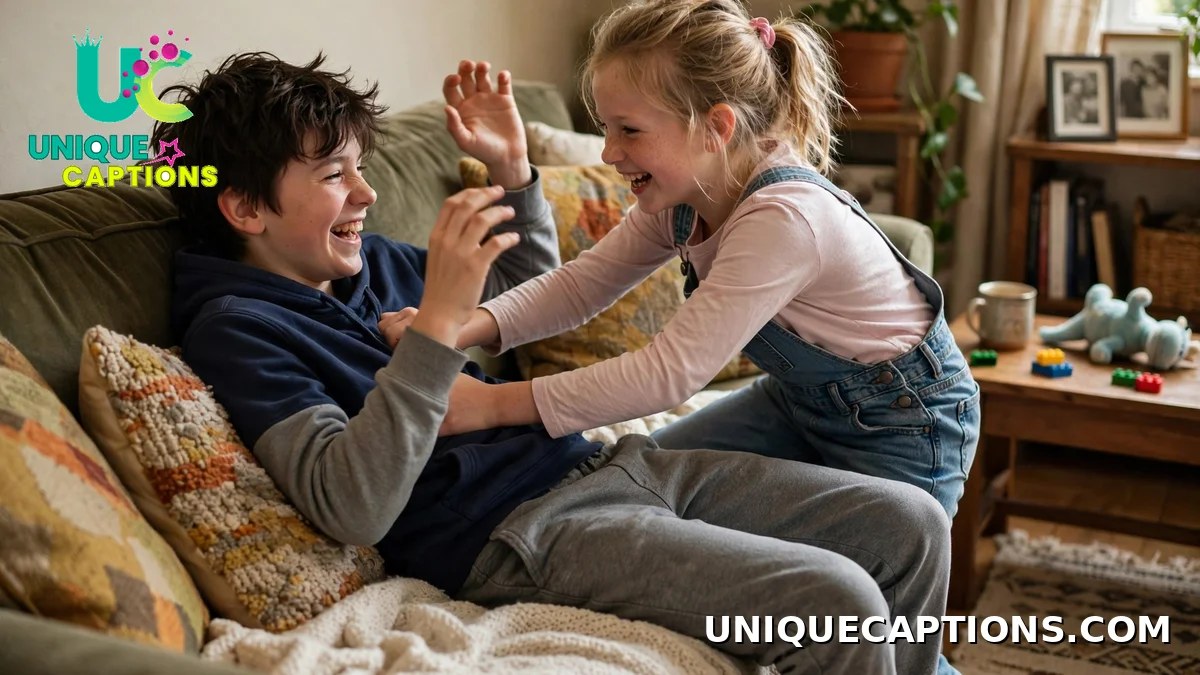 Playful roast comments for brother's pic - siblings wrestling on a living room couch