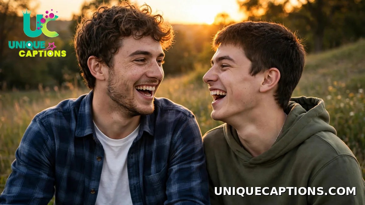 Short comments for brother's pic - two brothers laughing together at golden sunset