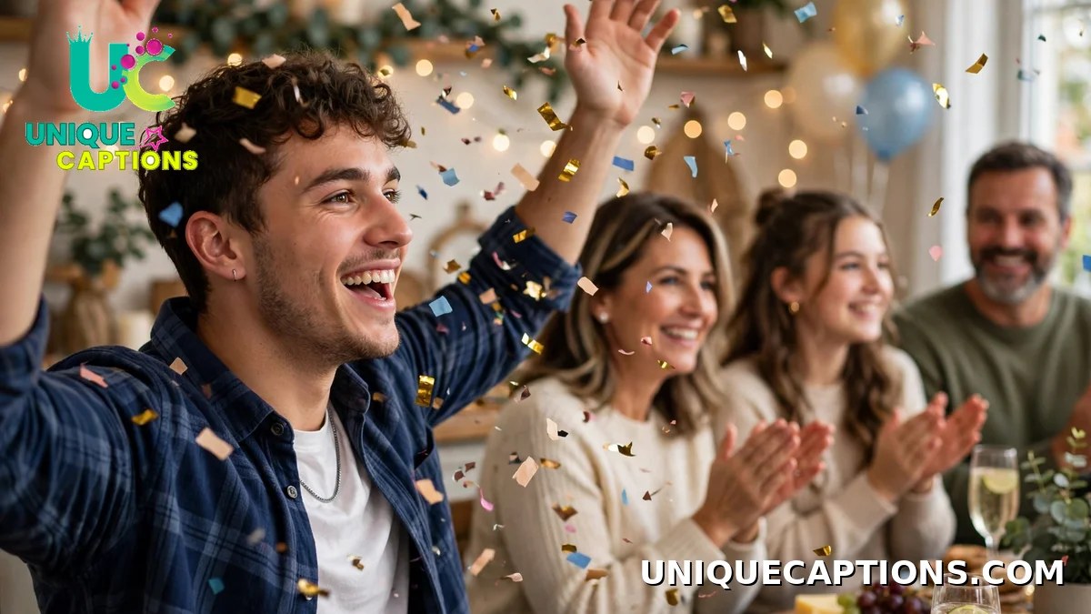 Supportive comments for brother's pic - brother cheering at a family celebration with confetti