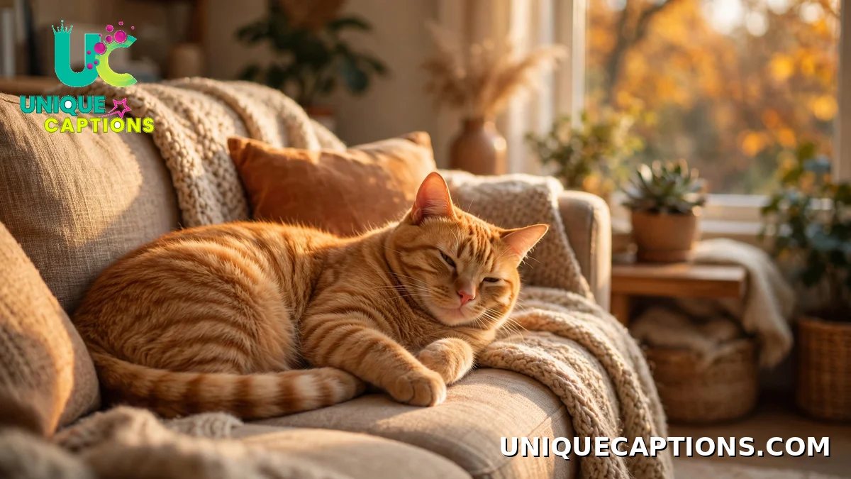 National Cat Day Captions — orange tabby lounging on a cozy sofa in autumn light