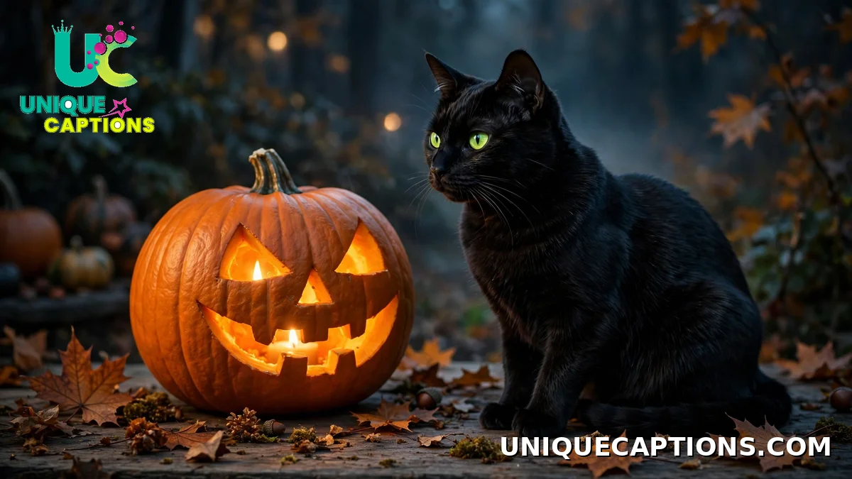 Black cat with green eyes beside a jack-o'-lantern