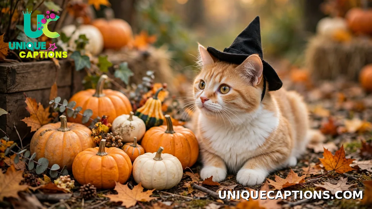Cat wearing a tiny witch hat beside pumpkins