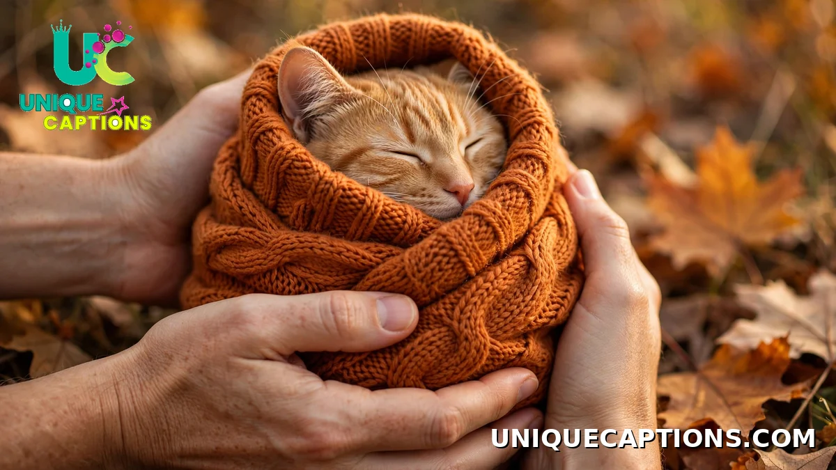 Hands holding a cat wrapped in a fall sweater