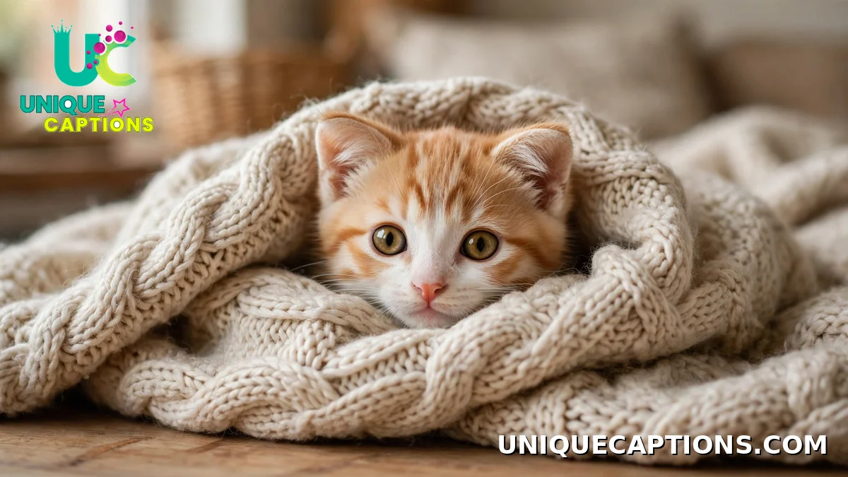 Cute kitten peeking out of a knitted blanket