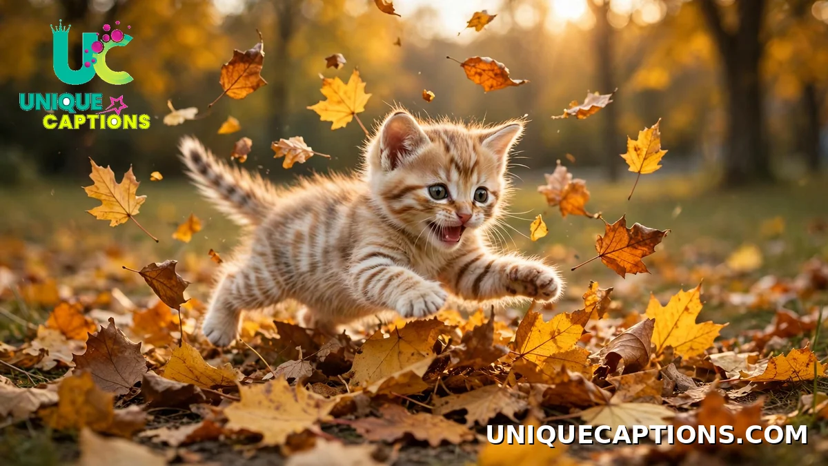 Tiny kitten playing in fallen autumn leaves