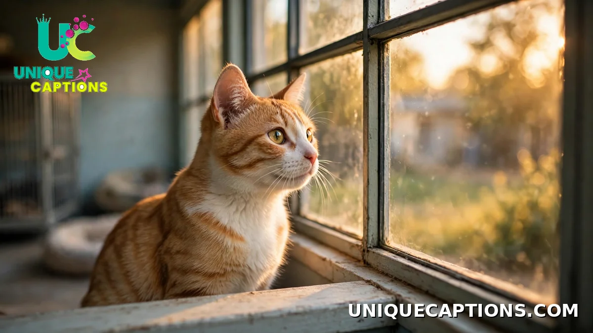 Adopted cat looking out a shelter window in warm light