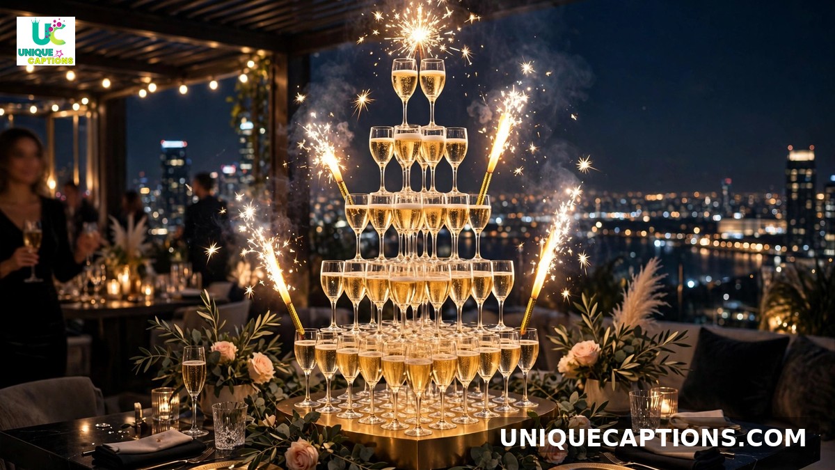 Champagne celebration captions - champagne tower with sparklers at rooftop party