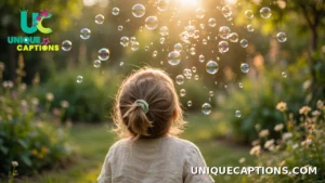 Young child looking up at bubbles floating in sunlight