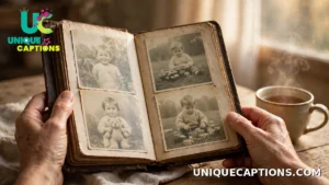 Adult hands holding an old childhood photograph album in warm light