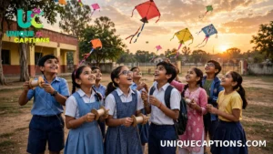 Children flying kites on a school ground at golden hour