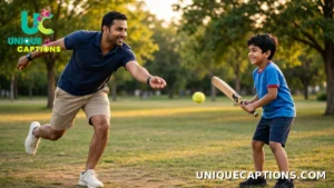 Father playing cricket in a park with his young son