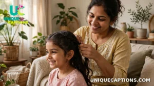 Mother braiding her young daughter's hair at home, both smiling