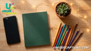 Phone beside a school notebook, pencils and a small plant in a flat lay