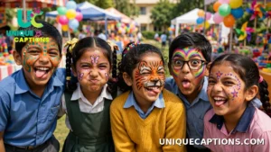 Kids with painted faces making funny expressions at a school fair