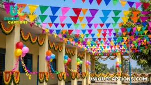 Colourful paper flags and balloons decorating a school function for Children's Day