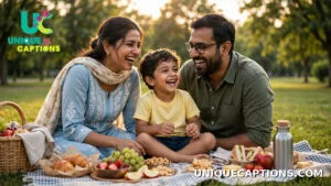 Mother and father enjoying a park picnic with their young child on Children's Day
