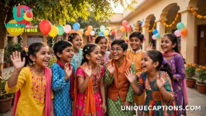 Children's Day Captions: happy school children in colourful clothes celebrating with balloons at a school function