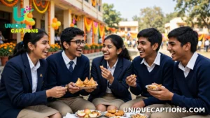 Friends in school uniforms laughing together at a school event
