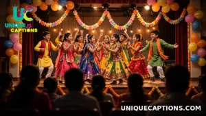 Children performing a group dance on a school stage in colourful costumes