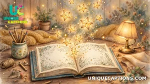 Open storybook with magical light and paper stars around it