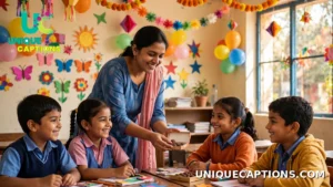Teacher handing chocolates to smiling students during a classroom Children's Day celebration