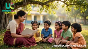 Teacher reading a story to a circle of children outdoors at school