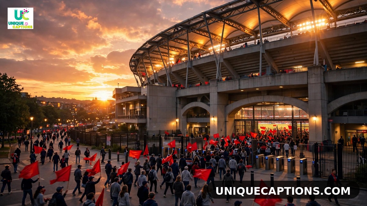 Fans streaming toward the stadium at sunset for Chinnaswamy captions
