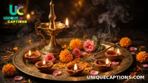 Brass lamp and earthen diyas arranged on a traditional thali with flowers and incense
