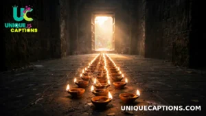 Row of glowing diyas leading toward a bright doorway, symbolizing light over darkness