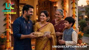 Indian family exchanging Diwali sweets and greeting cards at a decorated doorway