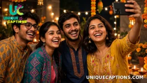 Young friends in ethnic wear taking a group selfie in front of fairy lights