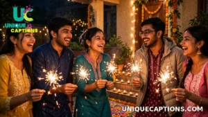 Group of friends holding sparklers outside a home decorated for Choti Diwali