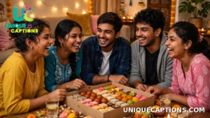 Friends laughing together over a big box of Diwali sweets at home