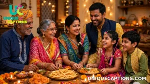 Gujarati family in traditional dress celebrating Kali Chaudas with diyas and sweets