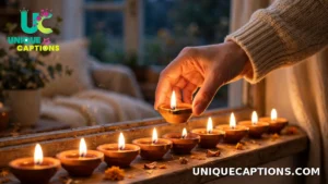 Hands placing lit earthen diyas in a glowing row on a windowsill